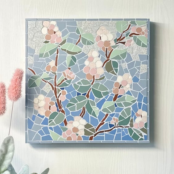 Mosaic Floral Art - Snowberry Mosaic Wall Plaque in Blue