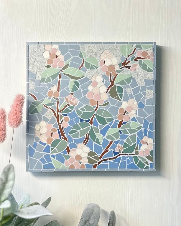 Mosaic Floral Art - Snowberry Mosaic Wall Plaque in Blue