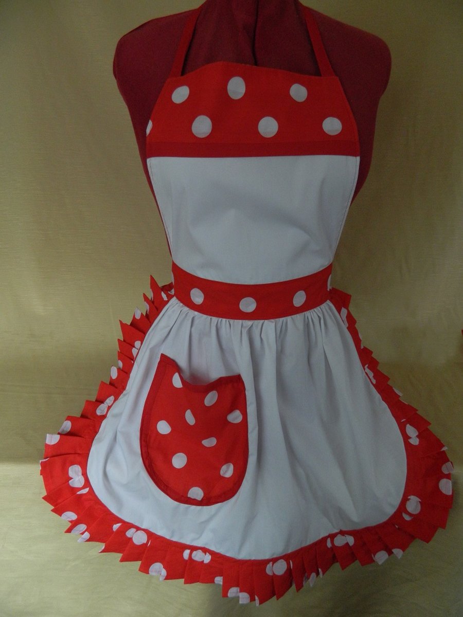 Vintage 50s Style Full Apron Pinny - White with Red & White Trim