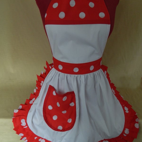 Vintage 50s Style Full Apron Pinny - White with Red & White Trim
