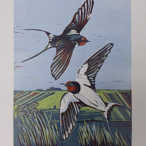 When swallows fly high - linoprint