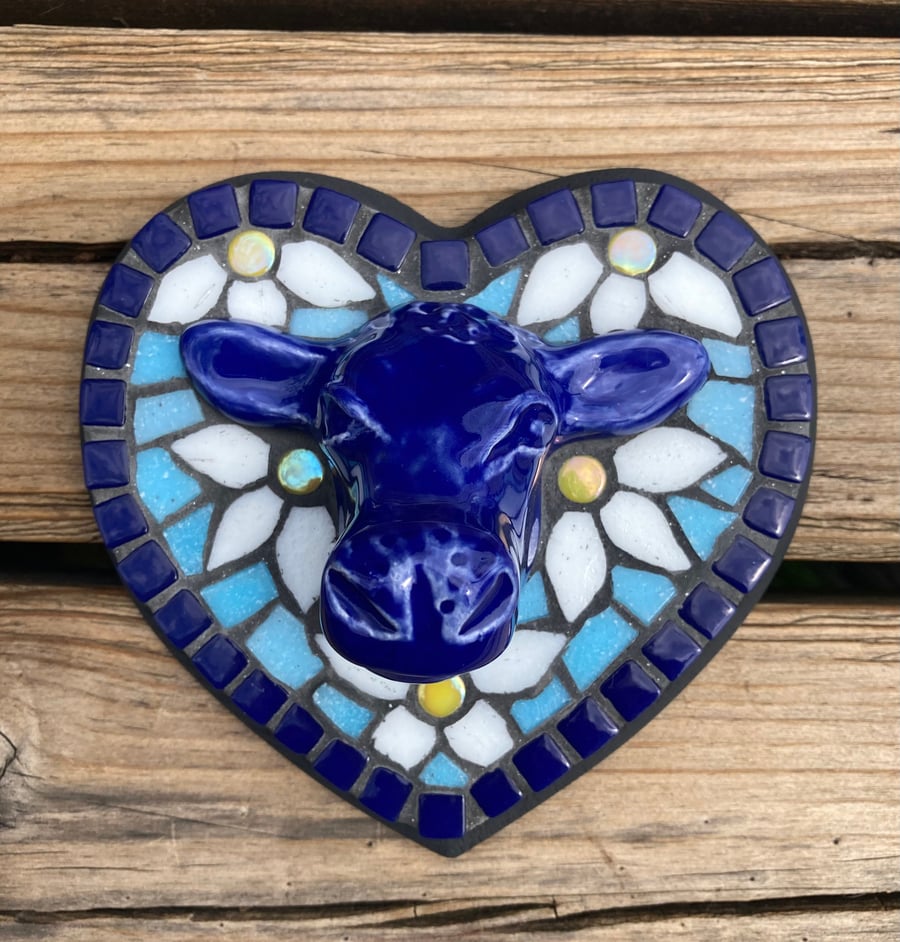 Mosaic Heart shaped wall hanging with ceramic cow head and daisies.