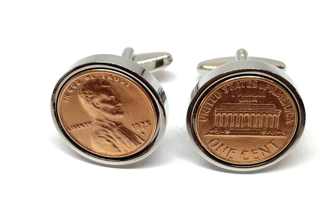 1975 50th Birthday Anniversary 1 cent lincoln coin cufflinks - One cent cufflink