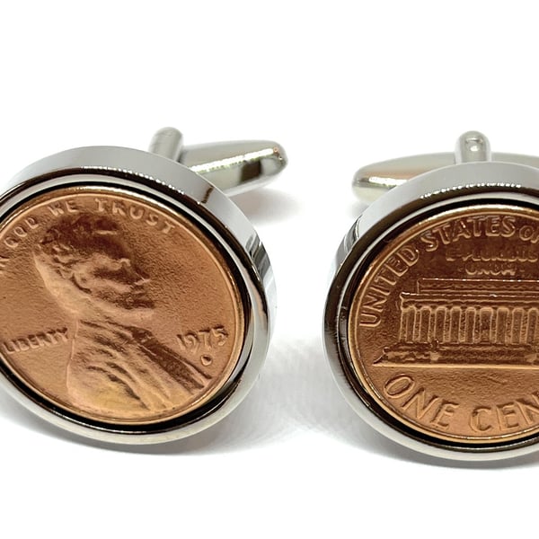 1975 50th Birthday Anniversary 1 cent lincoln coin cufflinks - One cent cufflink