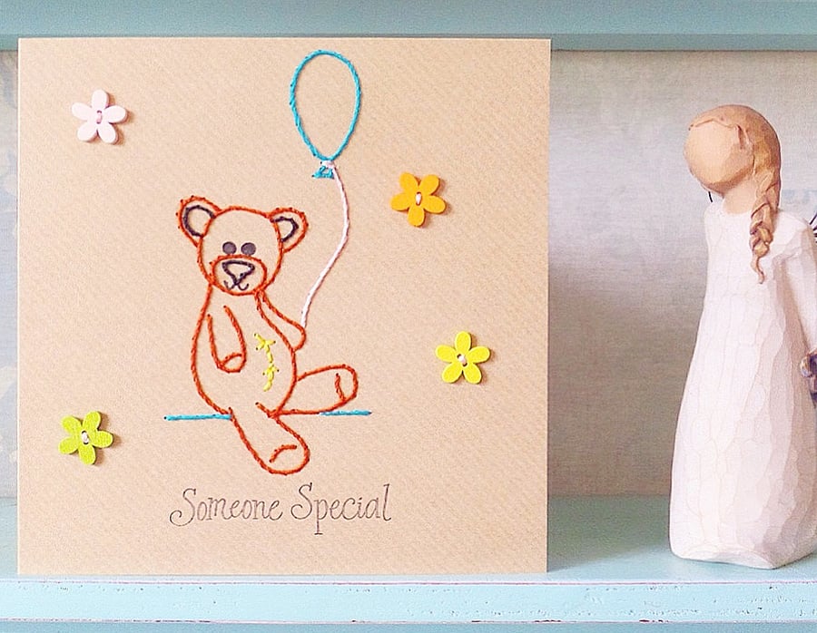 Teddy Bear Card. Hand Sewn Card. Thank you Card. Blank Card. Birthday Card.