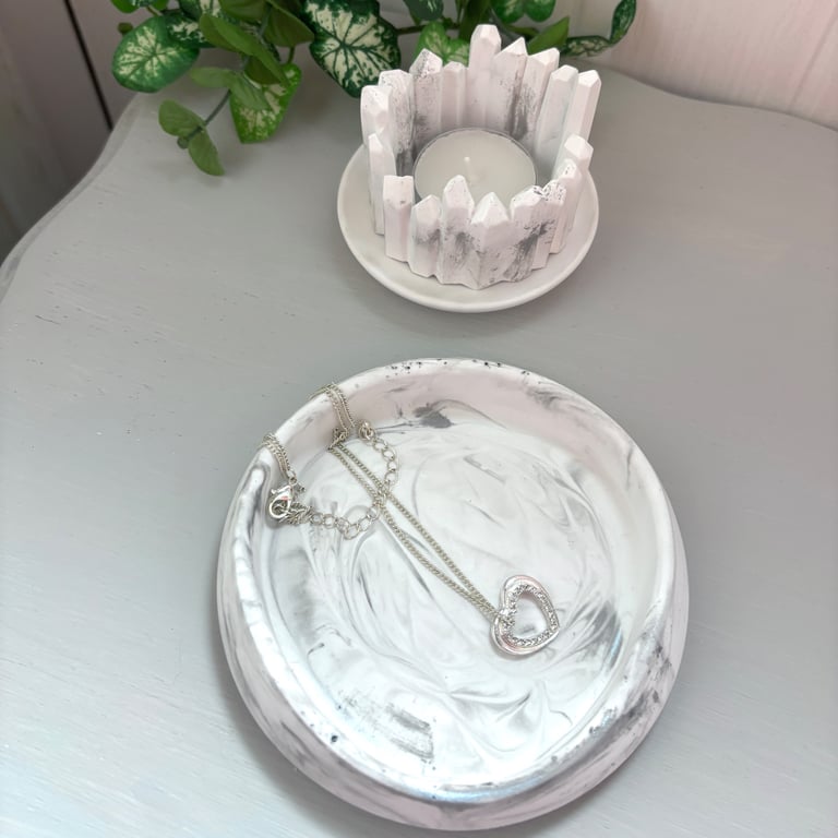 Grey Marble Trinket Tray and Tealight Holder Set