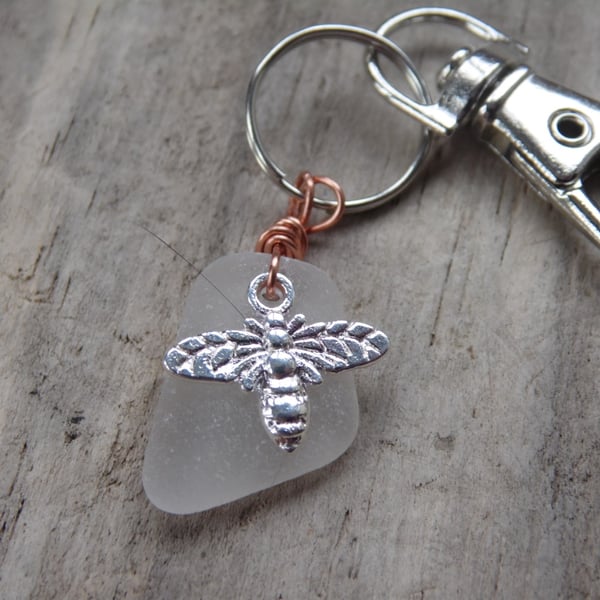 White Cornish Sea Glass with Bee Charm Bag Charm Keyring K506