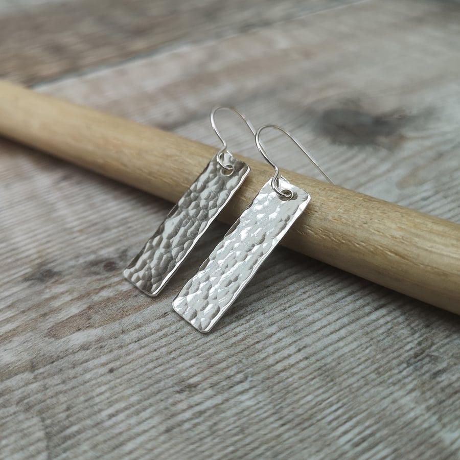 Sterling Silver Hammered Rectangle Drop Earrings