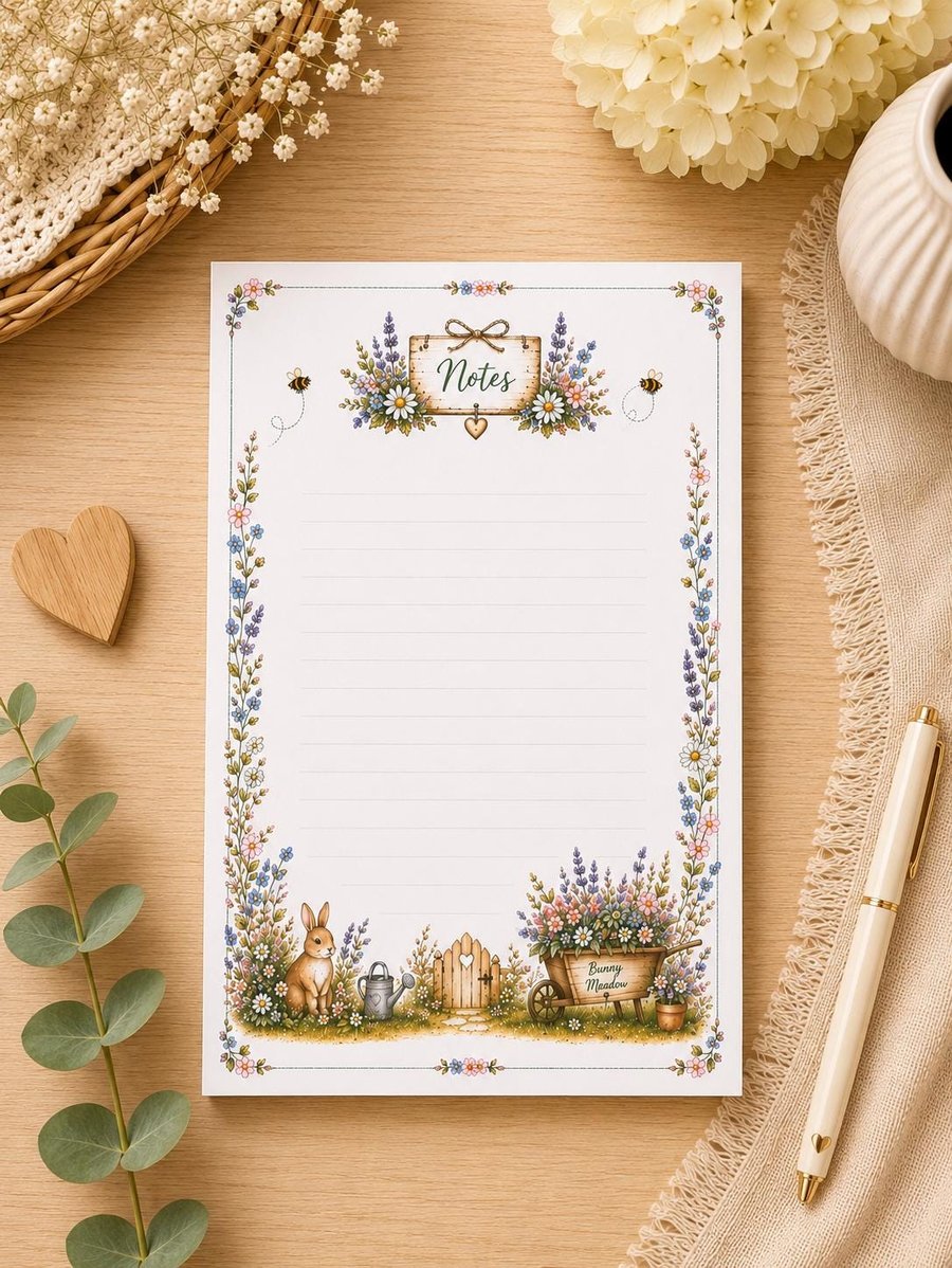 Bunny Meadow Rabbit Notepad - Floral Notes Pad - Shopping List Pad