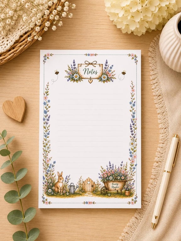 Bunny Meadow Rabbit Notepad - Floral Notes Pad - Shopping List Pad