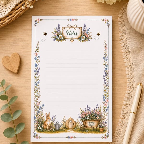 Bunny Meadow Rabbit Notepad - Floral Notes Pad - Shopping List Pad