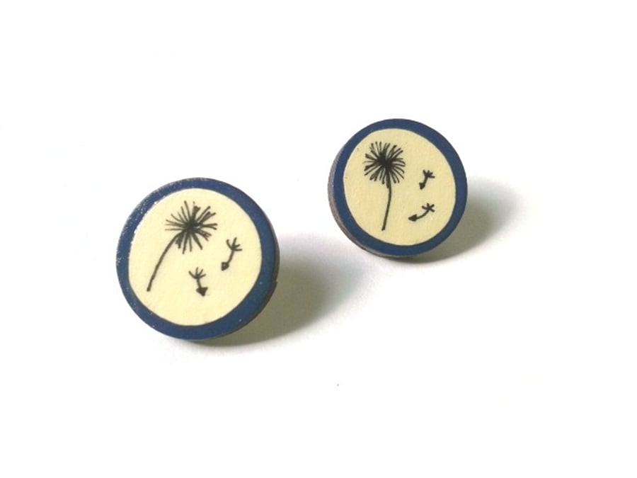 Navy Blue Illustrated Dandelion Wish Earrings