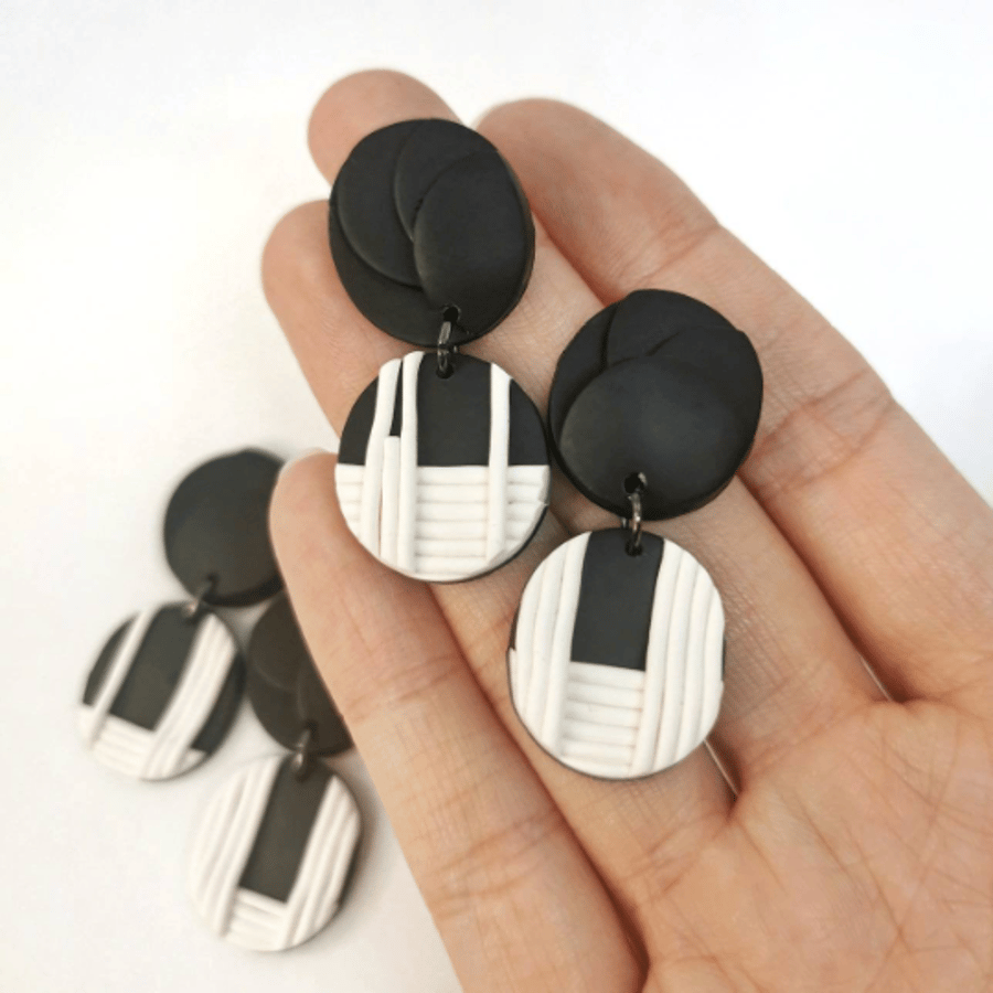 SALE - Handmade hypoallergenic black and white dangle earrings
