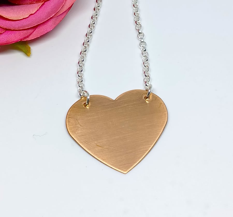 Copper and Sterling Silver Heart, Copper Heart Necklace, Polished Copper Heart, 