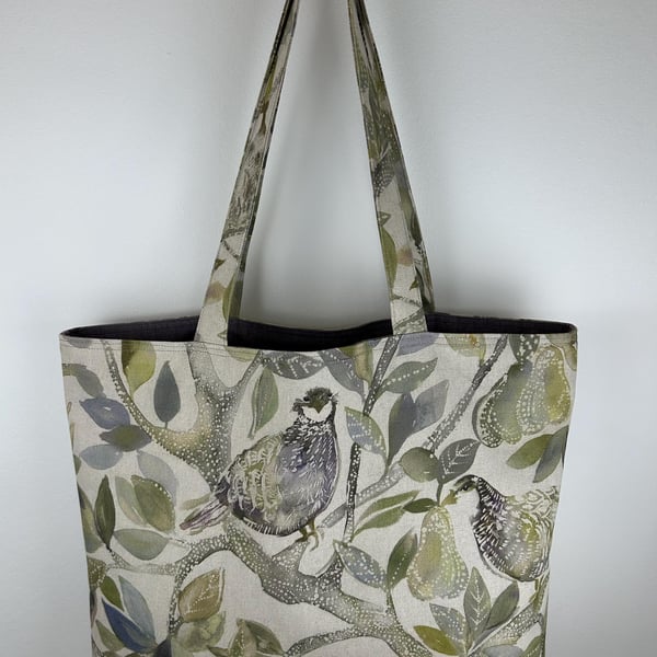 Partridge Print Linen Tote Bag, Long Handled Shopping Bag