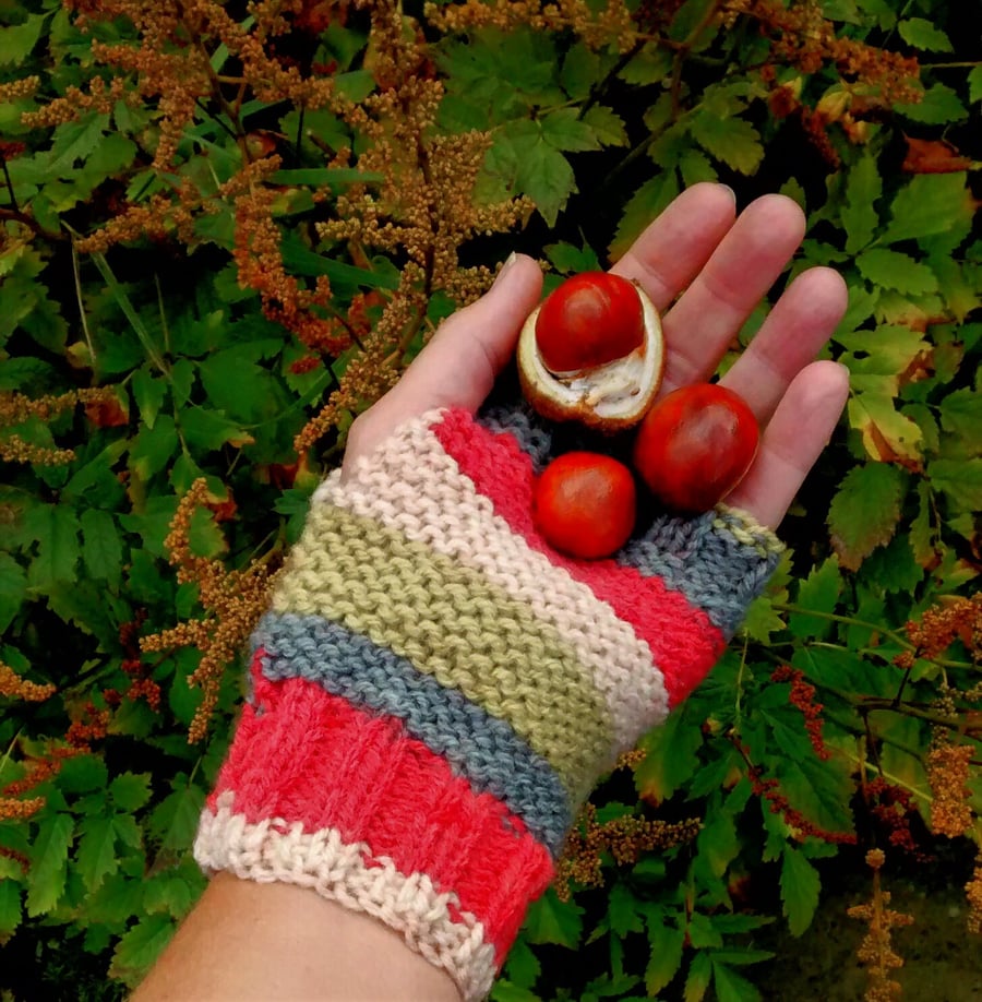 Stripy Fingerless Gloves in Autumn Colours