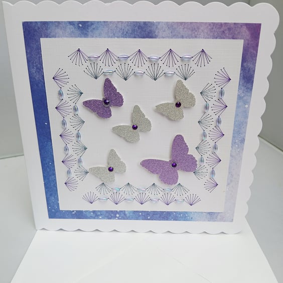 Happy Birthday Card with Glitter Butterflies, Embroidery and Beads