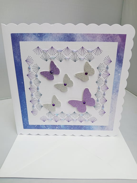 Happy Birthday Card with Glitter Butterflies, Embroidery and Beads