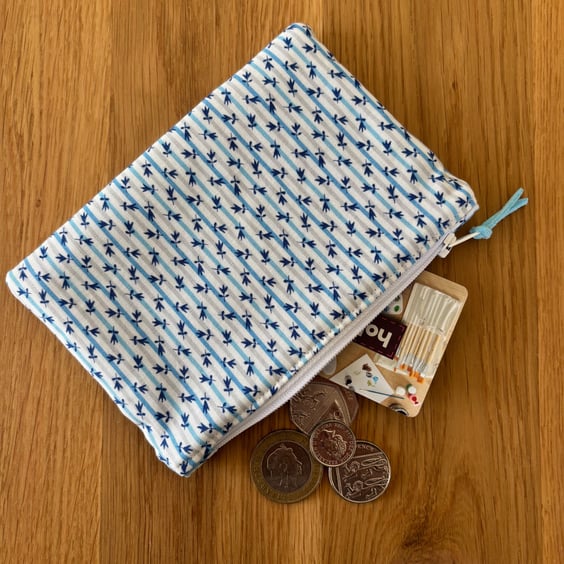 Small zipped fabric coin purse, pouch, in blue and white sripes