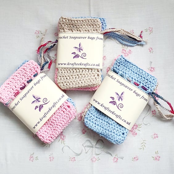 Pastel Soap Saver bags, crochet