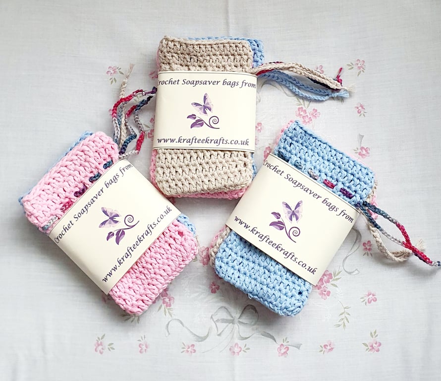 Pastel Soap Saver bags, crochet