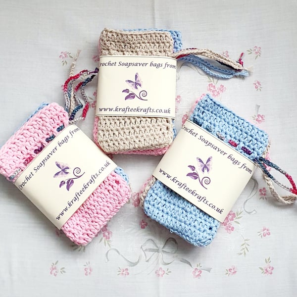 Pastel Soap Saver bags, crochet