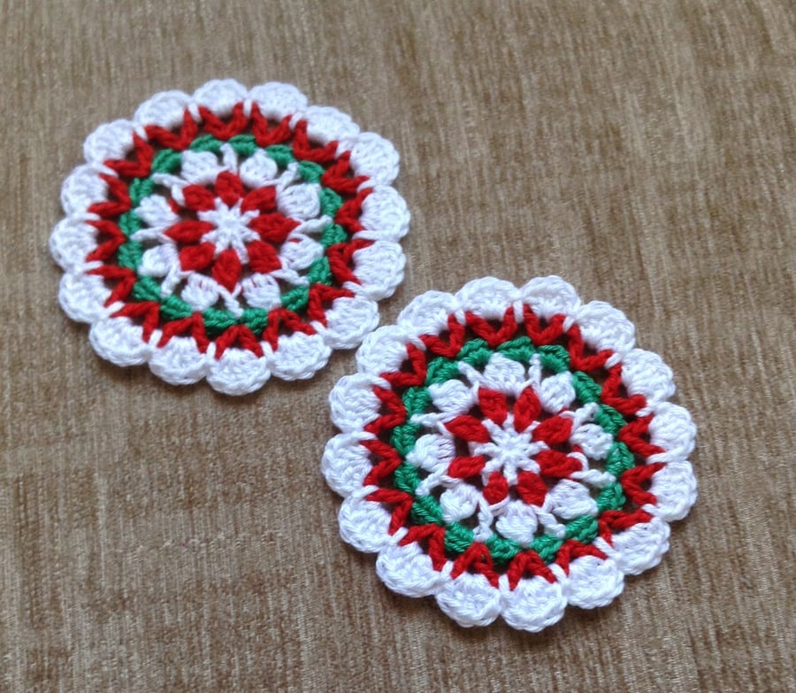 Crochet Set of 2 Christmas Mandala Style Table Mat Coasters 