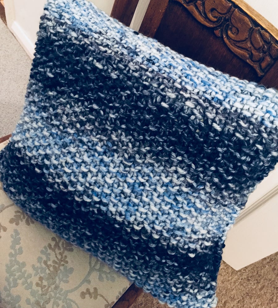 Hand knitted chunky cushion in tones of blue (includes cushion)