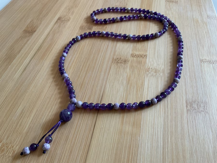 Amethyst and purple river stone Jasper long beaded gemstone necklace
