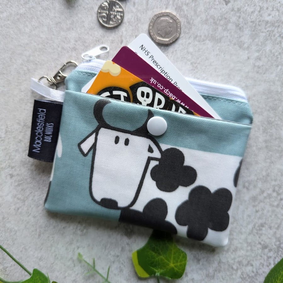Coin and Card Purse Duckegg Blue Cow Design Oilcloth Coin Purse with Key Fob
