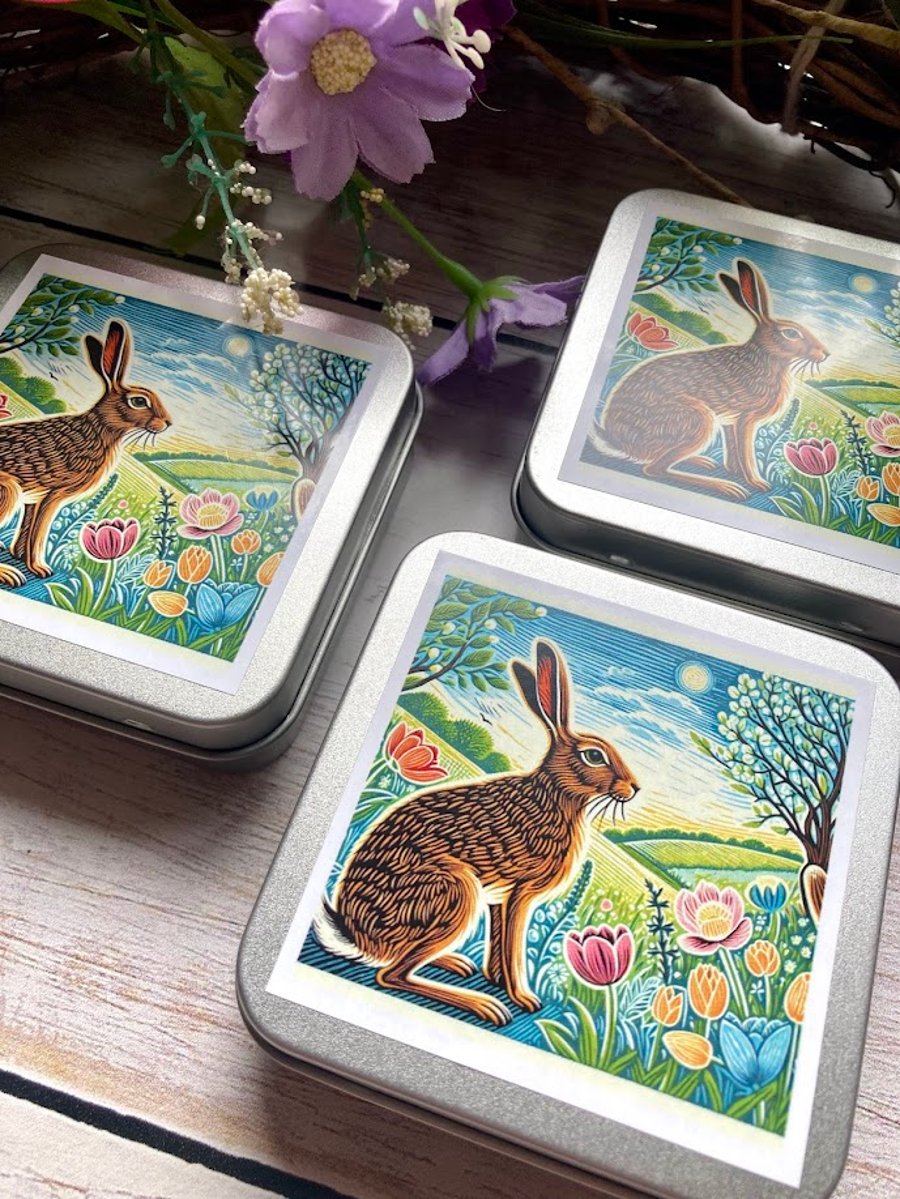 Hare Spring storage tin square buttons, stitch markers, beads, knitting, sewing