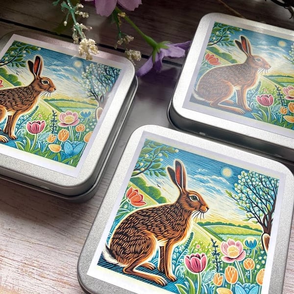 Hare Spring storage tin square buttons, stitch markers, beads, knitting, sewing