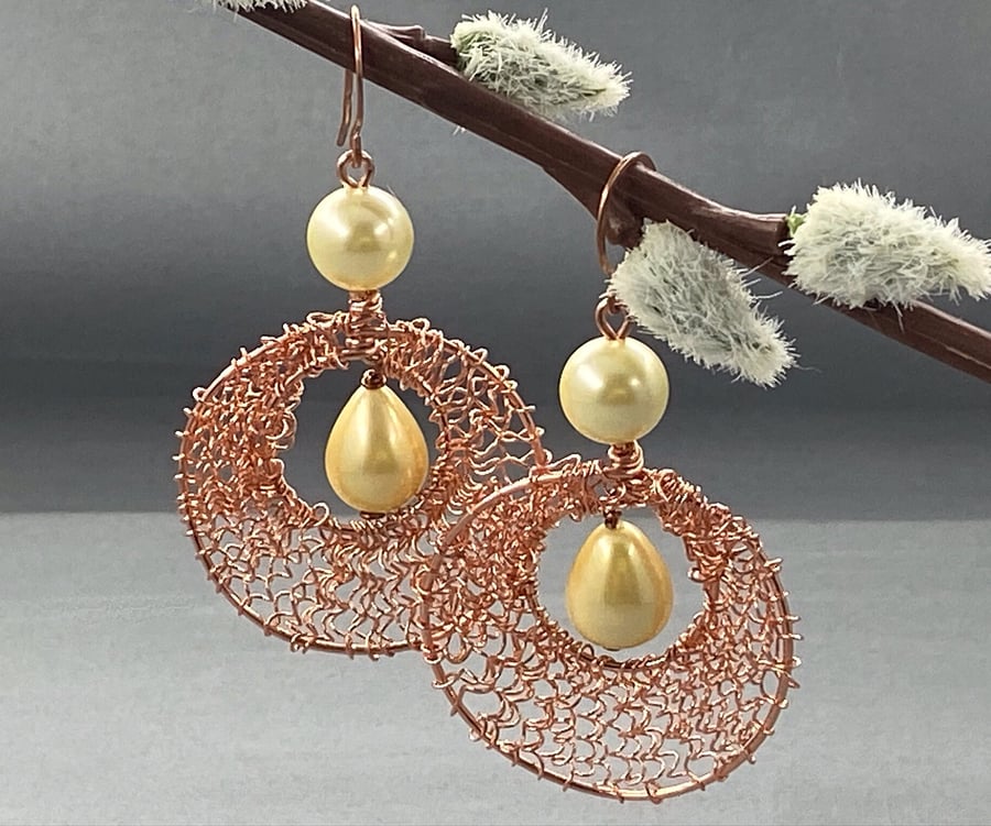 Large Copper Boho Hoop Wire Wrap Earrings with Lemon Shell Pearls 