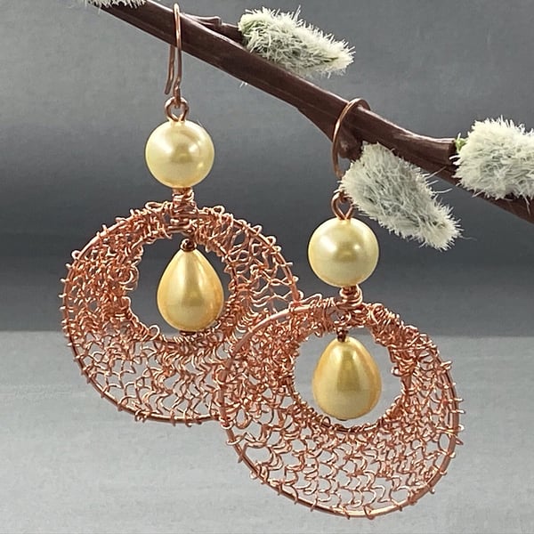 Large Copper Boho Hoop Wire Wrap Earrings with Lemon Shell Pearls 