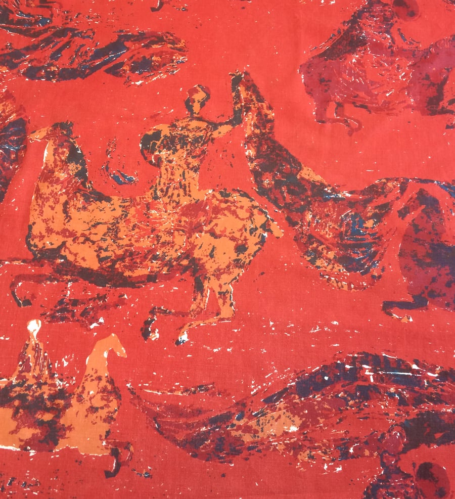 Orange RED Abstract Greek Horse Riders Style 60s Vintage Fabric LARGE Lampshade