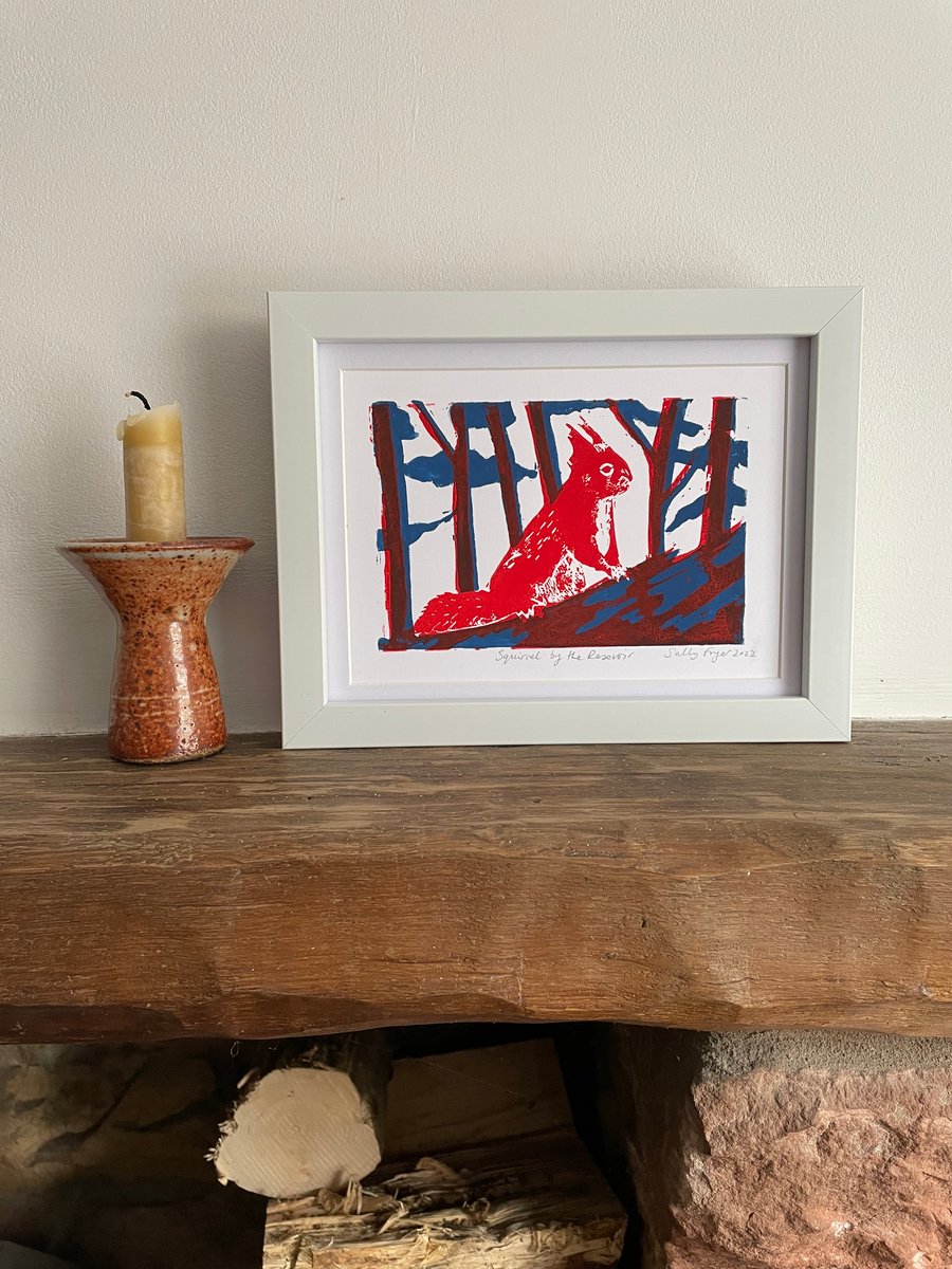 Red Squirrel hand printed ORIGINAL FRAMED  lino print