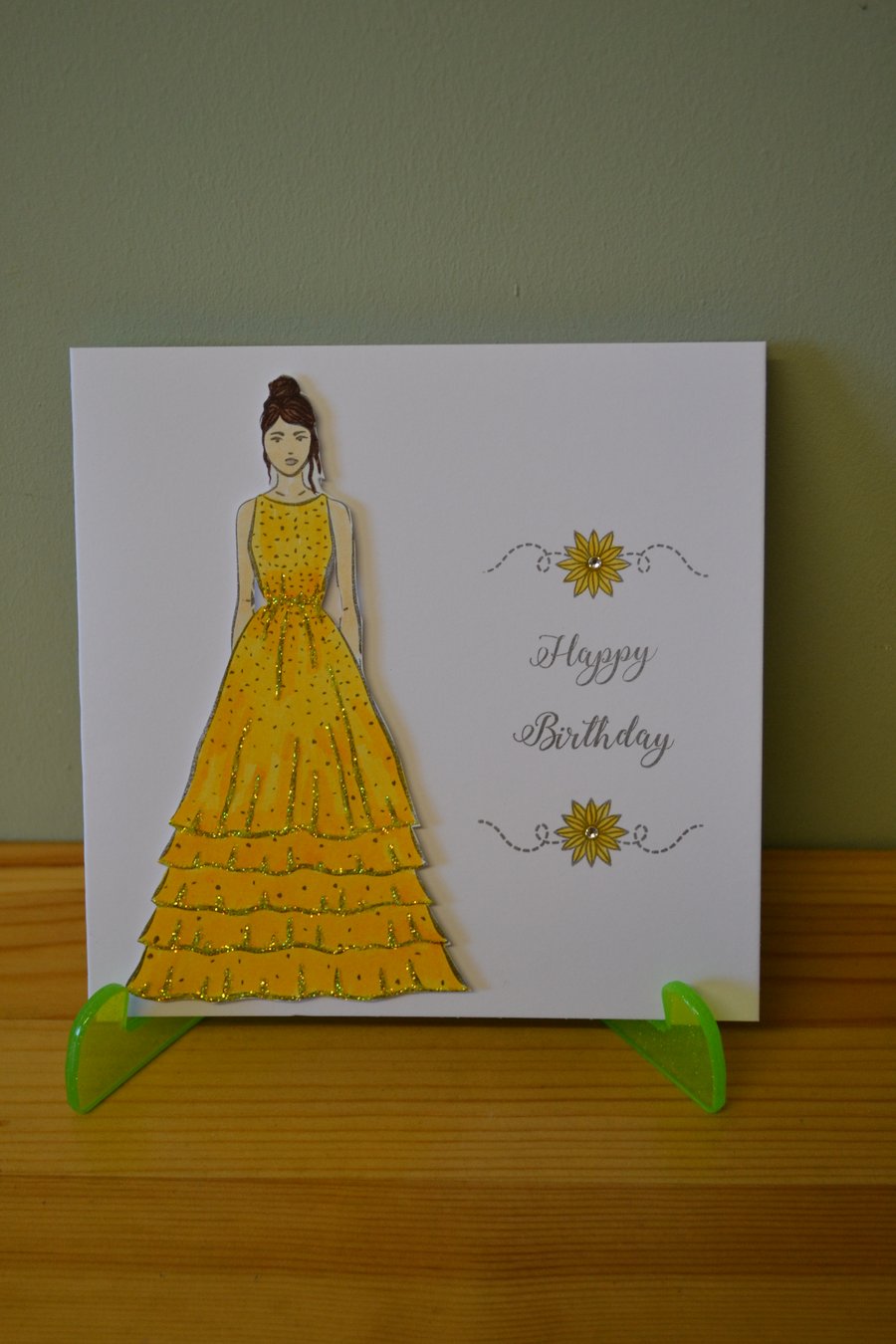 Elegant Yellow Dress Handmade Birthday Card