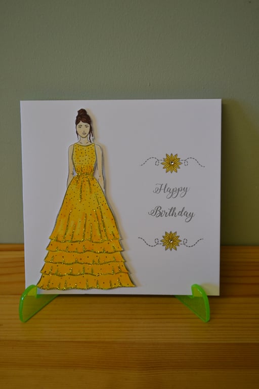 Elegant Yellow Dress Handmade Birthday Card