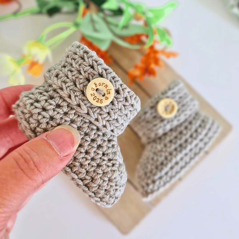 Newborn Baby Booties with 'Born in 2025' Button – Handmade Merino Wool