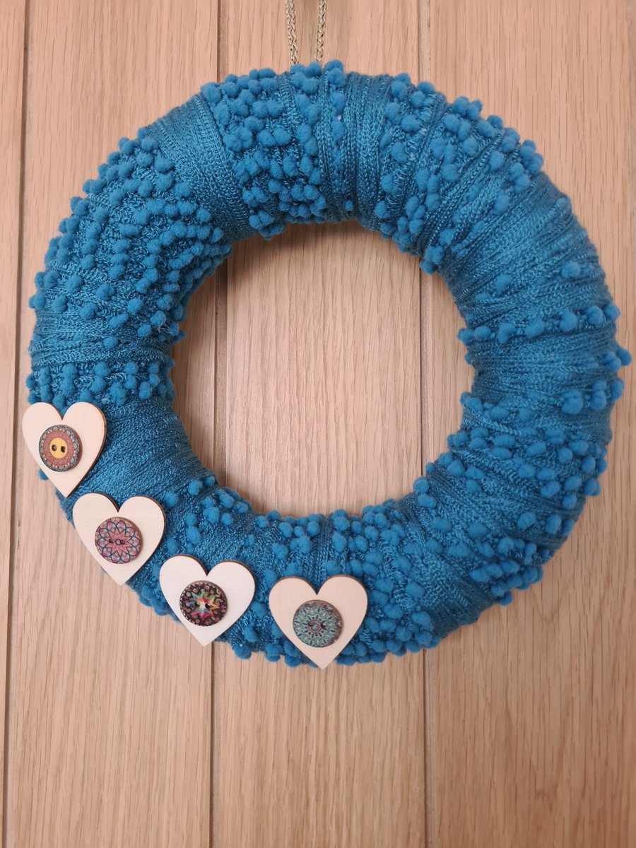 Handmade Bobbly Blue Yarn Wrapped Wreath With Wooden Heart Accents, Home Decor