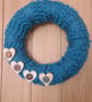 Handmade Bobbly Blue Yarn Wrapped Wreath With Wooden Heart Accents, Home Decor - Image 3