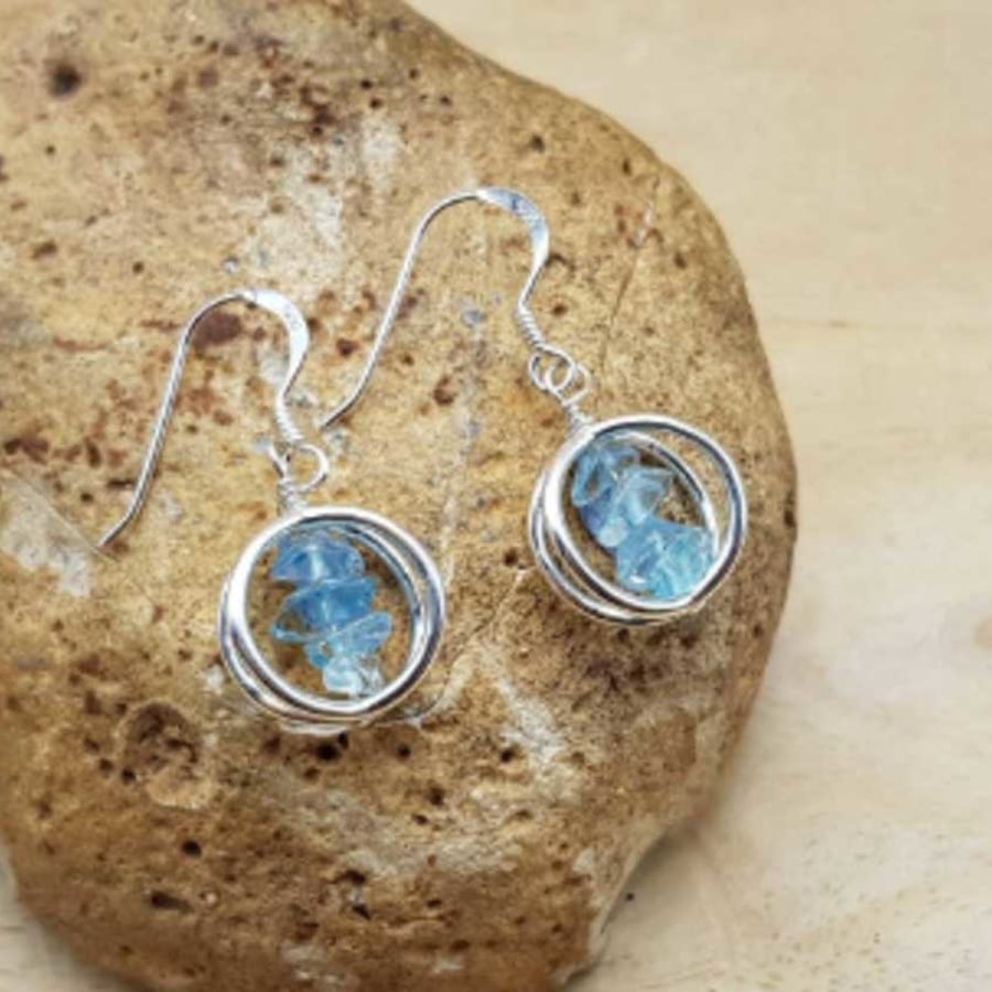 Blue Topaz earrings. November birthstone pendant. Sterling silver circle