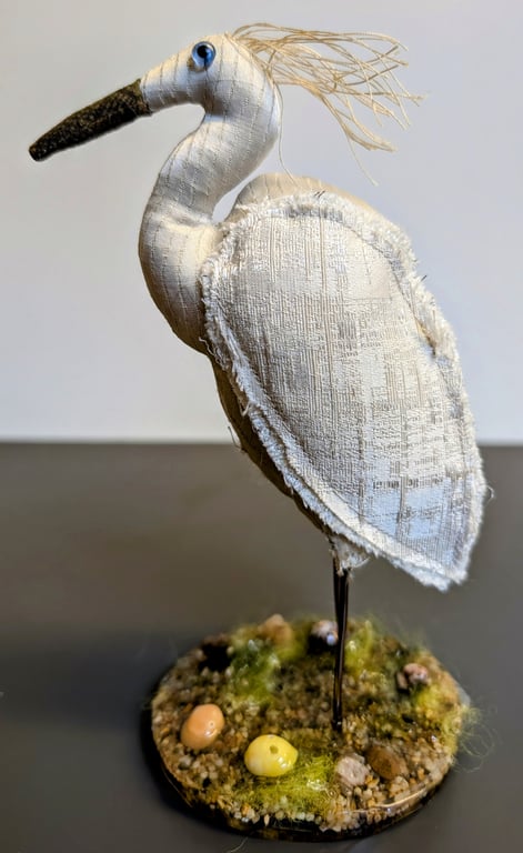 Quirky Egret inspired bird soft sculpture ornament decoration 