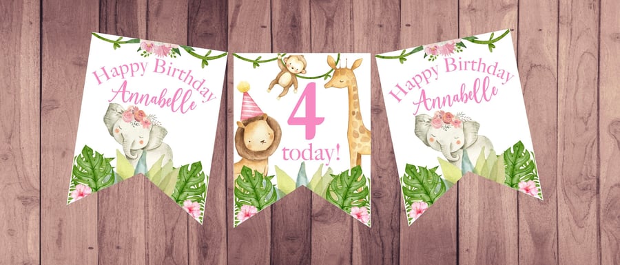 Jungle Safari Pink Themed Personalised Happy Birthday Bunting 