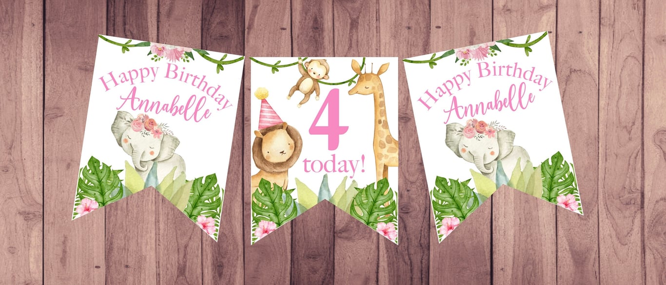 Jungle Safari Pink Themed Personalised Happy Birthday Bunting 