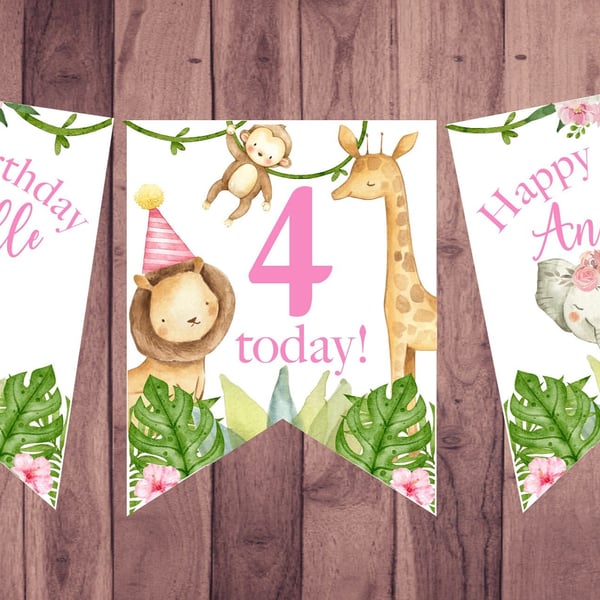 Jungle Safari Pink Themed Personalised Happy Birthday Bunting 