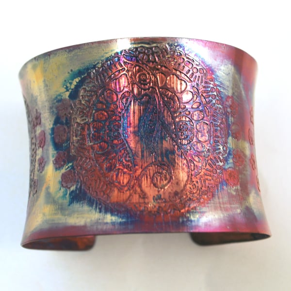 Etched Copper Cuff Bracelet - Moongazing hare design - large anticlastic cuff