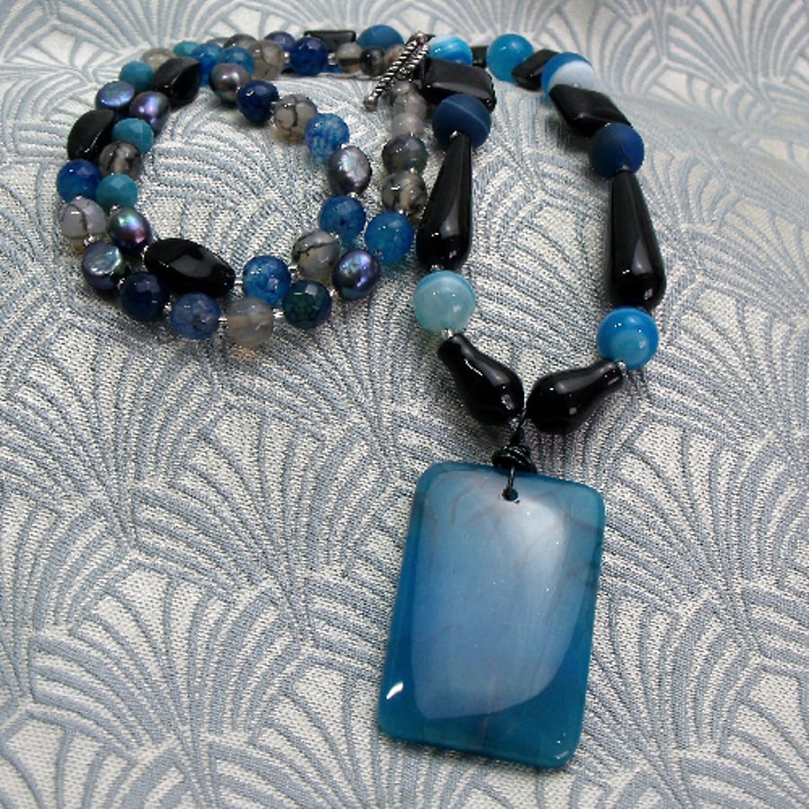 Long Blue Necklace, Long Semi-Precious Stone Necklace, Long Necklace DD8