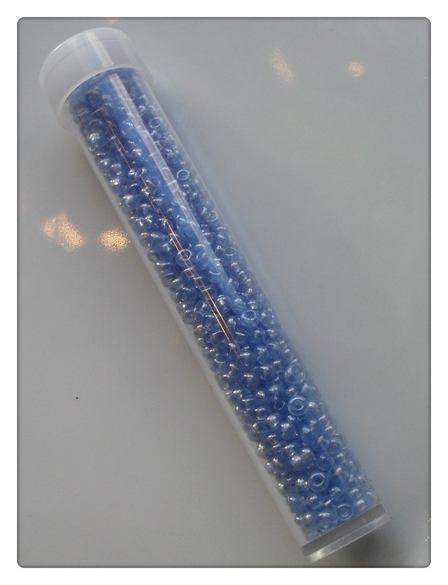 1 x Filled Storage Tube - 7.5cm - 2mm Glass Seed Beads - Sky Blue 