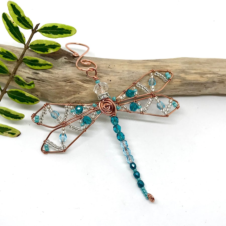 Turquoise Blue Dragonfly Hanging Decoration, Copper Wirework